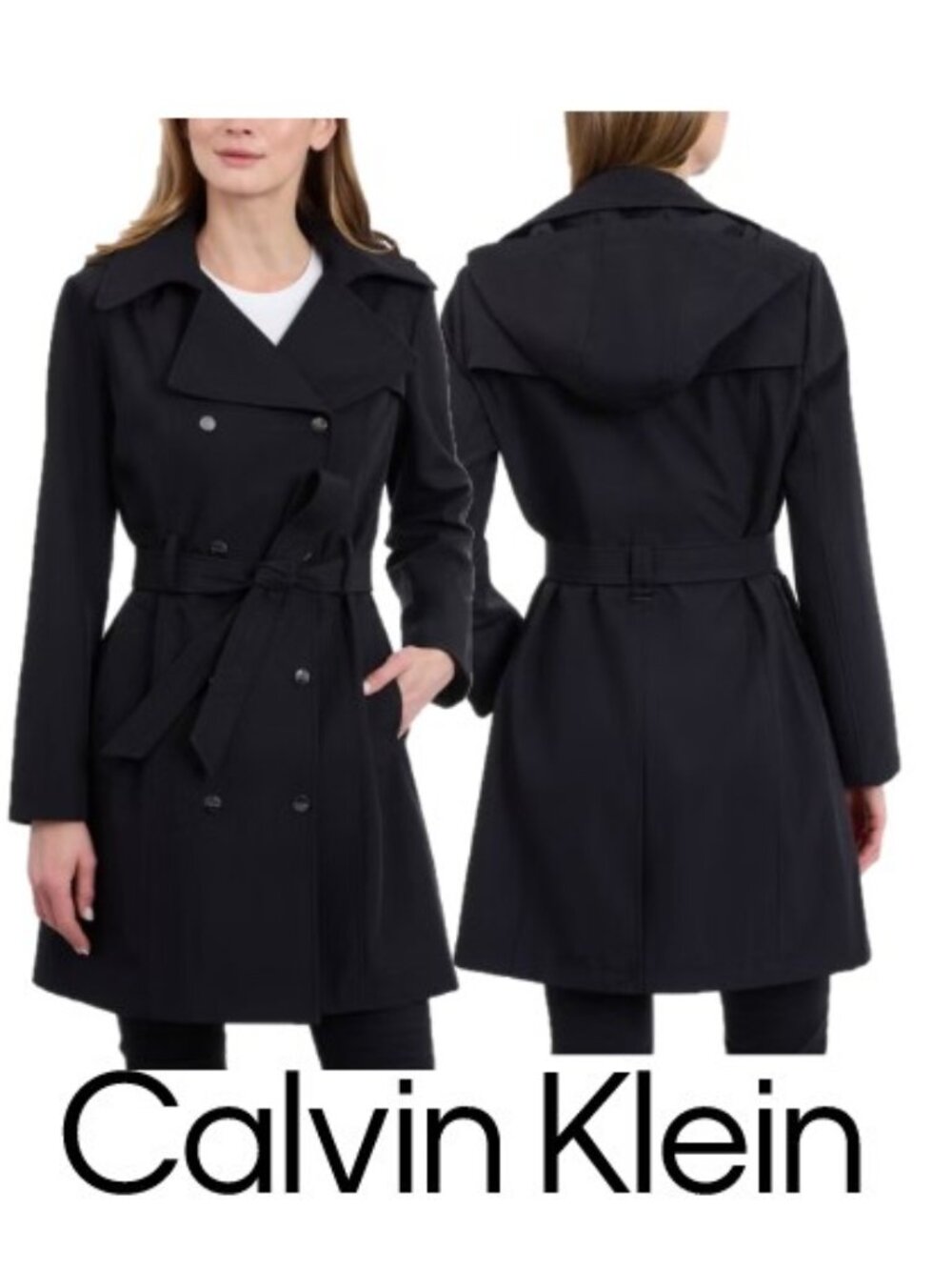 NWT Calvin Klein Women's Hooded Trench Coat, Black, Water resistant